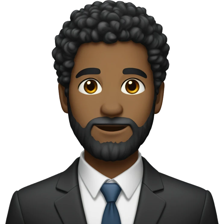 Black curly hair, short hair, brown skin, a full beard, and dressed in a suit. emoji