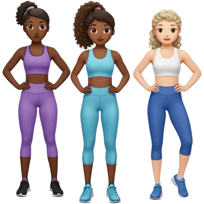 three women friends exercising together, one black woman with curly brown hair, one pale white woman with curly brown hair, and one white woman with straight brown hair in a ponytail positioned on the right emoji