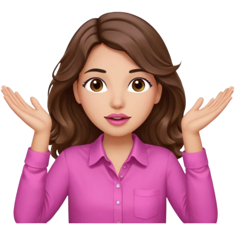 girl with long wavy brown hair, brown eyes, light to medium complexion, in a pink shirt, pink lips, long lashes, puckered lips, both hands all the way up with hands up to the sky emoji