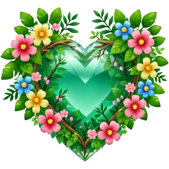 crystal heart with forest inside and floral decoration around emoji