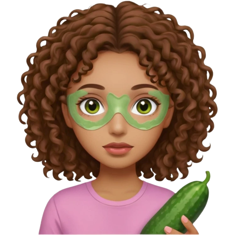 lightskin girl having a spa day with green skincare clay mask and ,cucumbers on her eyeballs  and brown curly hair and a pink shirt not holding it in her hand emoji