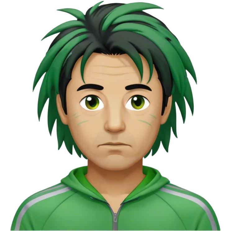 Park is a middle-aged man, around 35 years old, green tracksuit,  His black hair, streaked with strands of gray, is unkempt and damp with sweat. emoji