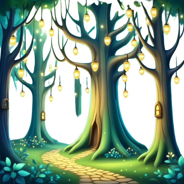 enchanted forest with tall whimsical trees and sparkling lights, fantasy atmosphere emoji