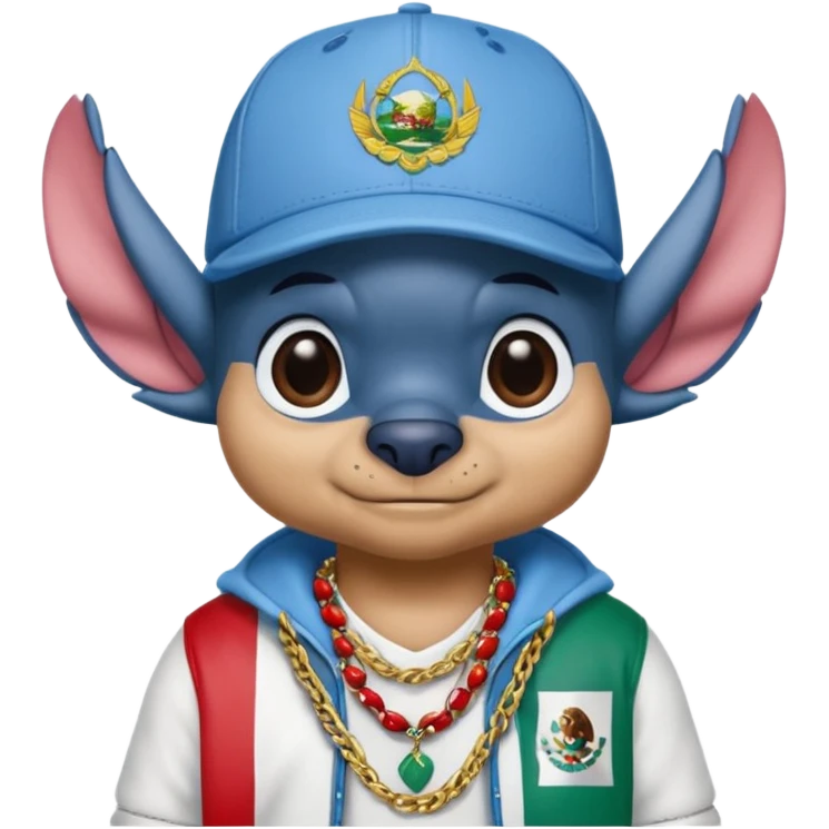 Crea un emogi de stich estilo reguetonero con una gorra con el nombre de Liam y la bandera de México en el pecho y lucho Blin blin emoji