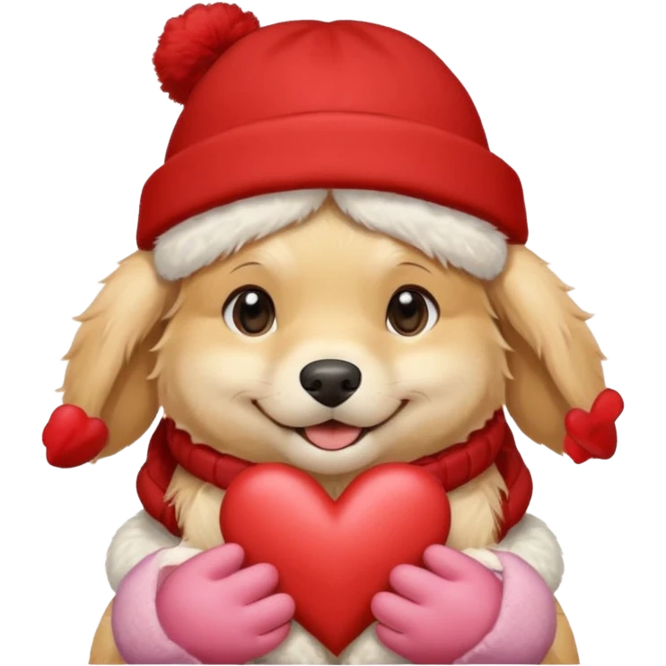 English cream golden retriever cartoon cuddling with winter hats and heart in between them emoji