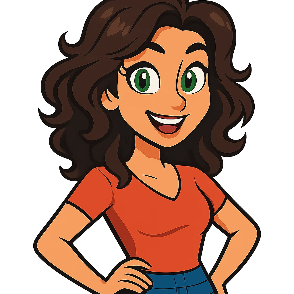 vibrant toon style woman with wavy dark brown hair and green eyes emoji