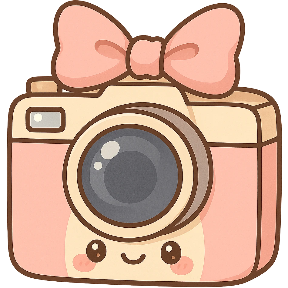 chibi sticker-style camera with a big bow, cute and exaggerated emoji