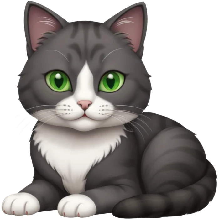 beautiful female solid dark grey cat with green eyes, white toes/paws and white patch on her chest rolling over emoji