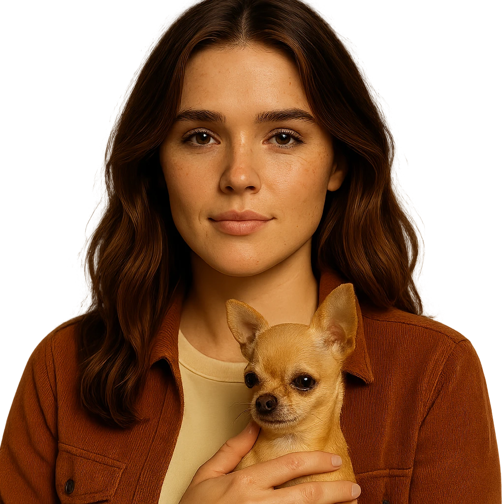 Portrait for Instagram profile picture inspired by the facial features visible in the reference images, with a tanned complexion, subtle freckles, wearing a shirt in color #FFF8CA and a rust-colored jacket, medium-length brown hair with auburn highlights, serene and peaceful expression, holding a beige-brown chihuahua, in the style of a Netflix series, transparent background, intimate Tenerife ambiance. emoji