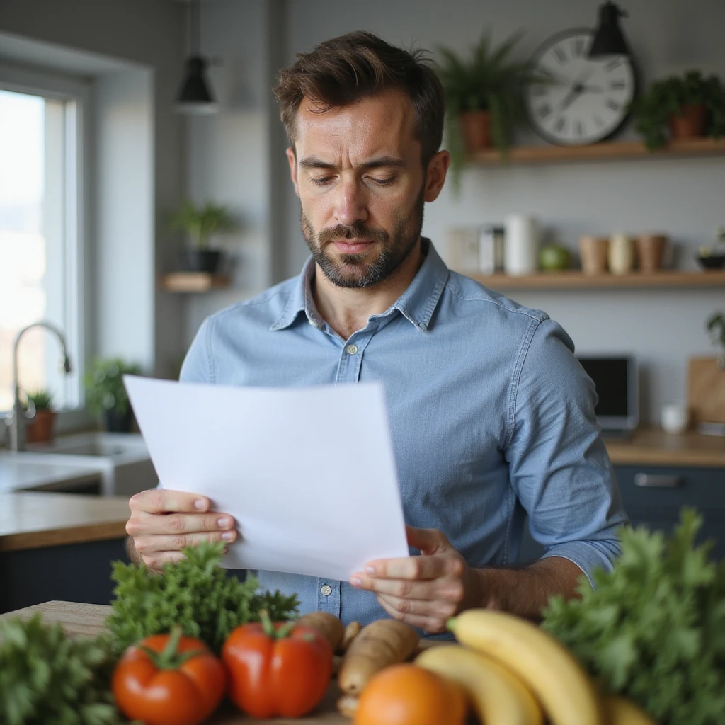 realistic image of a man consulting a written nutritional plan, focused expression, healthy food in front, clinical details, modern environment emoji