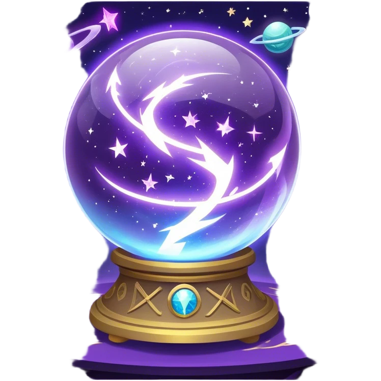 A mystical, glowing crystal ball with swirling sparkles and lightning bolts inside, surrounded by zodiac signs and planets floating in space, with tarot cards spread out on the table around the ball. Use bright purples, blues, and golds to create a magical, mysterious vibe. transparent background.  emoji