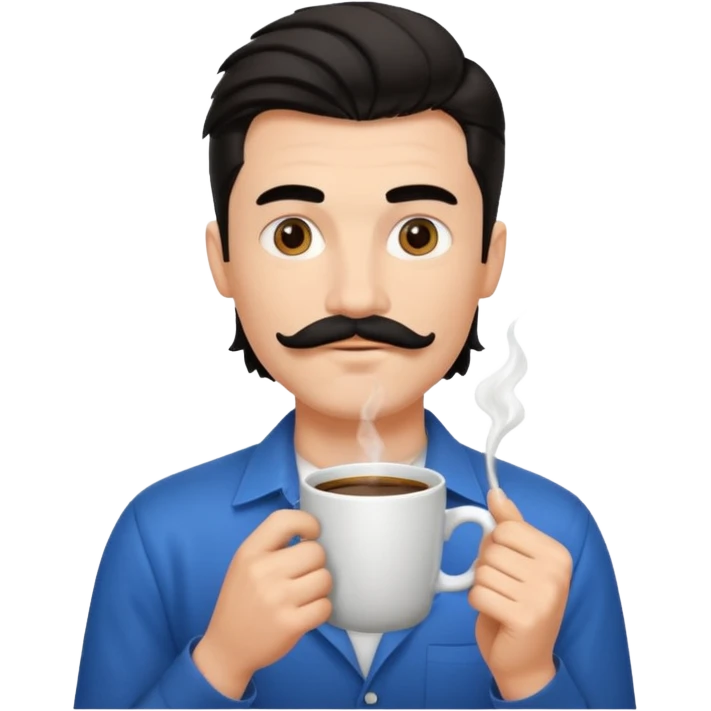 generate an ios genmoji of a fair young guy with black mustache, mullet hairstyle, drinking coffee emoji