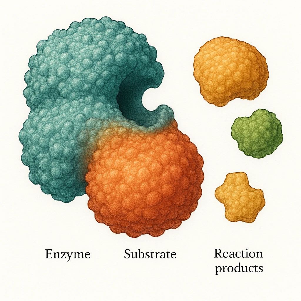 Ultra-detailed scientific illustration  (like in a school book) of enzyme digestion. Macro molecular view, clean white background, no text, no human figures or cartoon characters. Purely biological focus. emoji