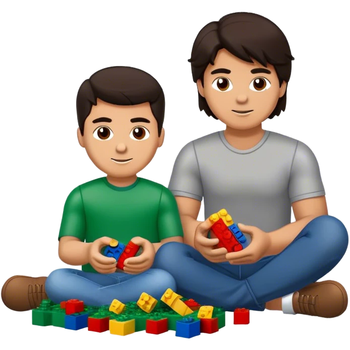 Handsome young man with dark hair built a little heavy like a football player sits with his young fiancé was cascading dark brown hair, putting together Legos emoji