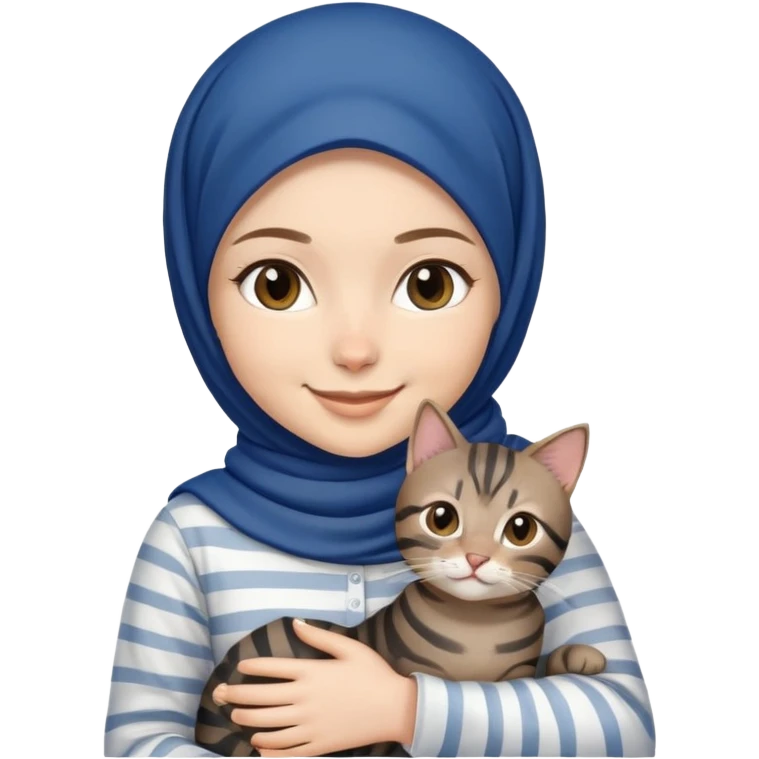 White girl wearing dark blue hijab with white shirt smiling while holding a black grey brown stripes tabby cat emoji