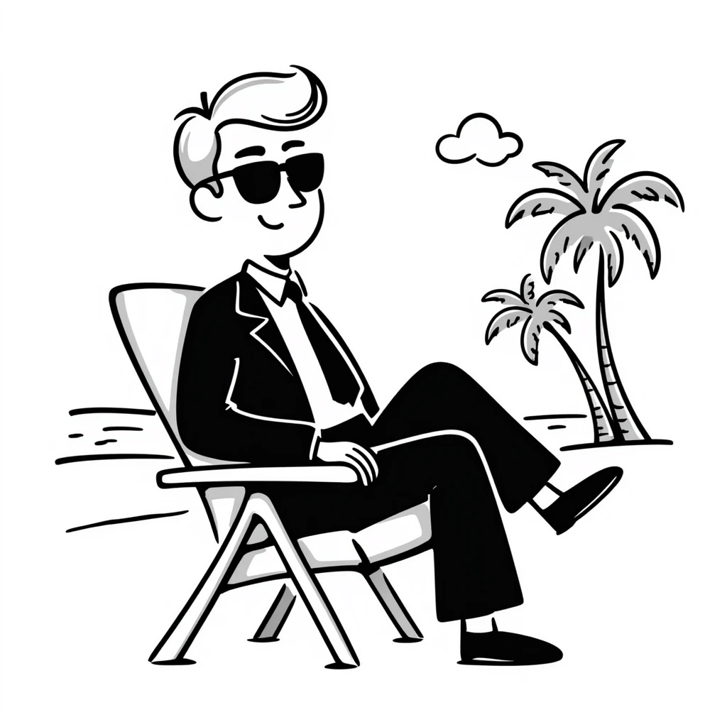blonde businessman in formal suit sitting in a beach chair on a tropical vacation, relaxing emoji