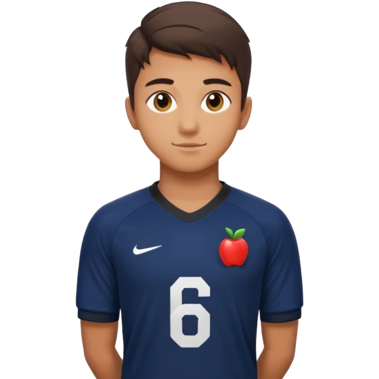 Apple emoji style 21 year old soccer player standing hands on waist, dark navy jersey #6, realistic lighting emoji
