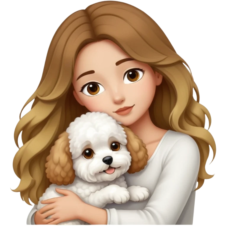 A beautiful olive skinned girl with long flowy brown hair and blonde highlights, hugging a white bichon frise emoji