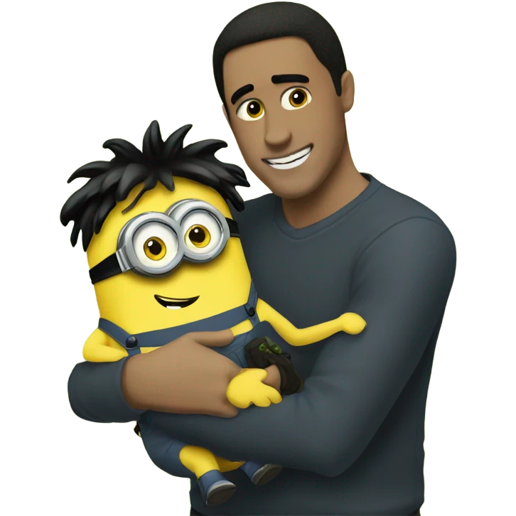white male, brown eyes, black hair hugging and holding a minion with green eyes emoji