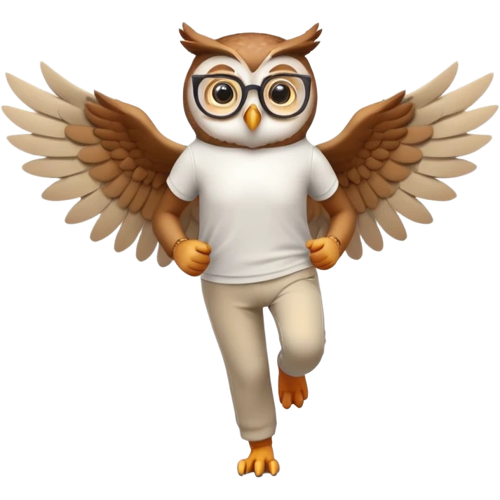 friendly anthropomorphised owl with wings instead of arms, in pants and a shirt, wearing glasses, jogging upright, relaxed pose emoji