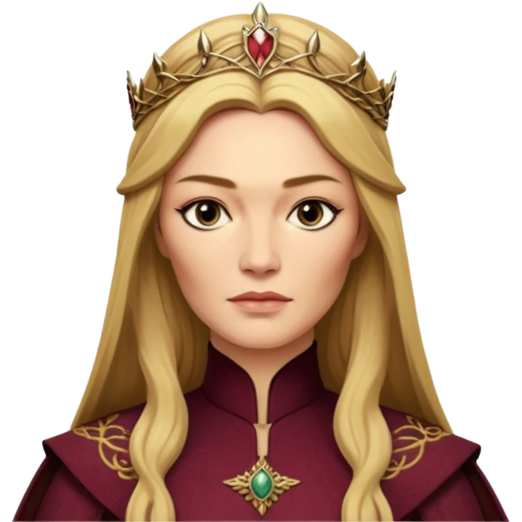 Cinematic Realistic Cersei Lannister Portrait, depicted with lifelike skin texture, subtle rosy undertones, and soft natural lighting that enhances the gentle contours of her face. Her intricately detailed golden blonde hair is elegantly styled , emoji