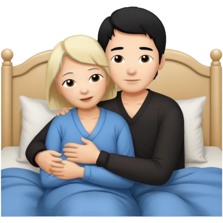 Sexy large breasted elderly asian woman in a low cut top and with black hair hugs her blonde haired boy in bed emoji