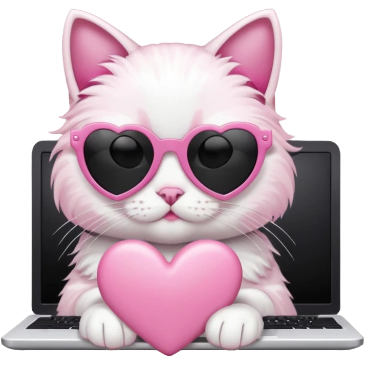 Black and white cat with pink ribbon and black cool sunglasses doing pink computer with pink heart emoji