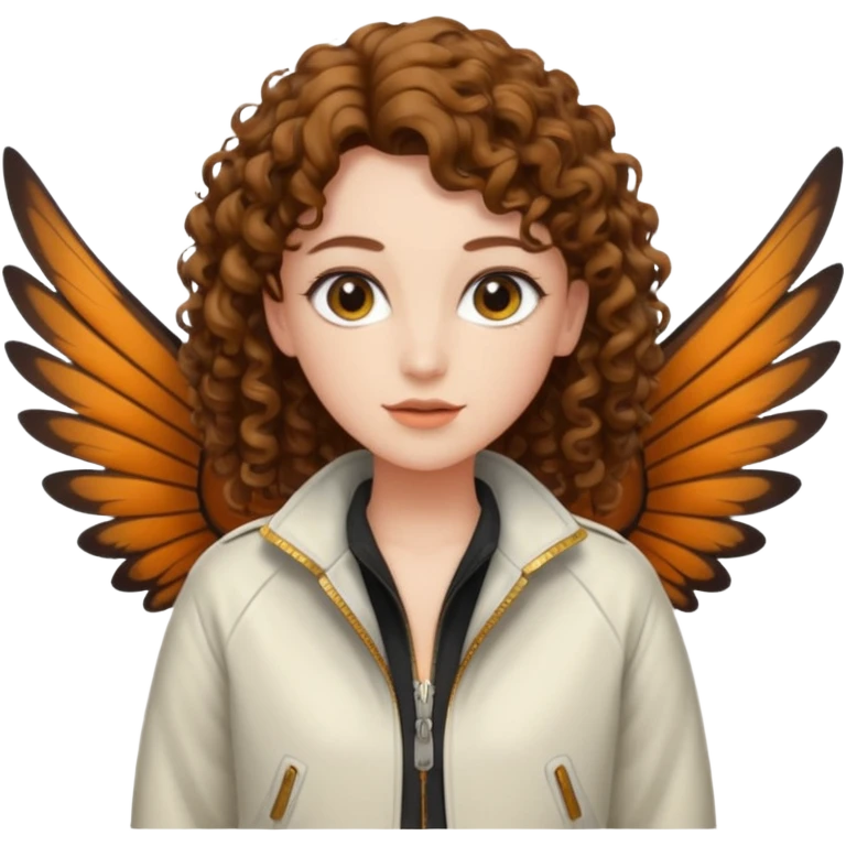 nude woman short curly brown mullet brown eyes white skin beetle wing jacket open front emoji