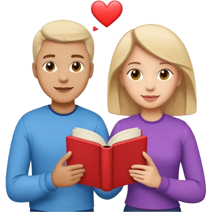A man and a woman facing each other, both holding a single book together. From the book, colorful heart emojis are popping out playfully, creating a cheerful and romantic atmosphere emoji