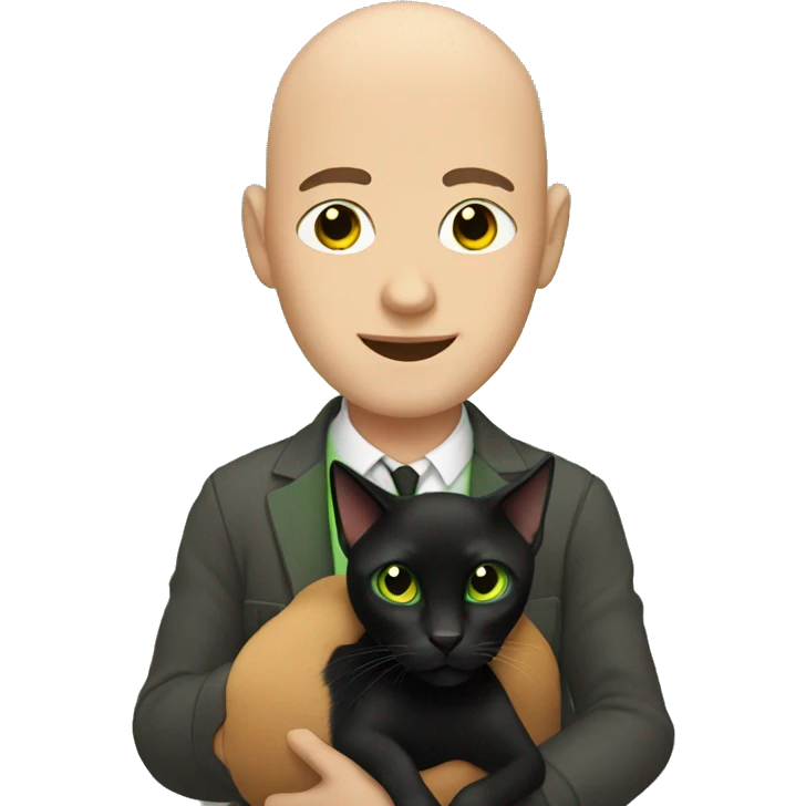 Bald brown eyed man holding a green eyed black cat emoji