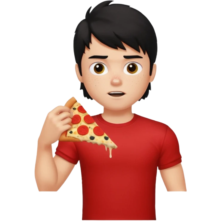 generate a pretty fair bratz boy with a messy mullet (black hair), wearing a red tshirt. eating pizza. He has big biceps emoji