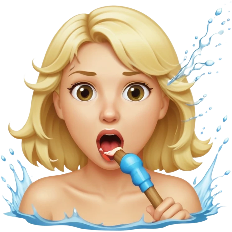 blond woman biting a wide stick with a round knob, both the same color as her skin, water jet shooting from the knob into her mouth, surprised look emoji