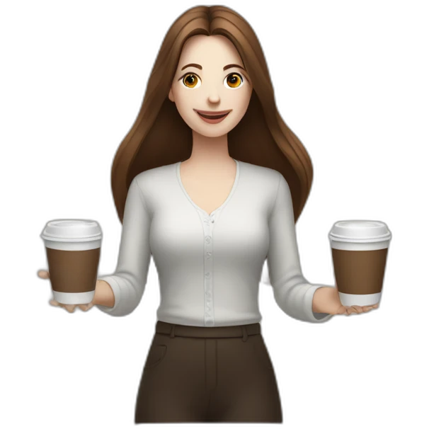 woman juggler with long straight brown hair and pale skin juggling coffee cups and miniature laptops emoji