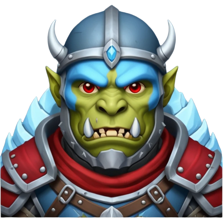 Fantasy Christmas orc legion soldier icon, iron tundra army theme, heavy winter armor, disciplined brutal look, dark icy steel armor with bold crimson cloth and markings, cold blue shadows, high contrast, clean emoji portrait style
 emoji