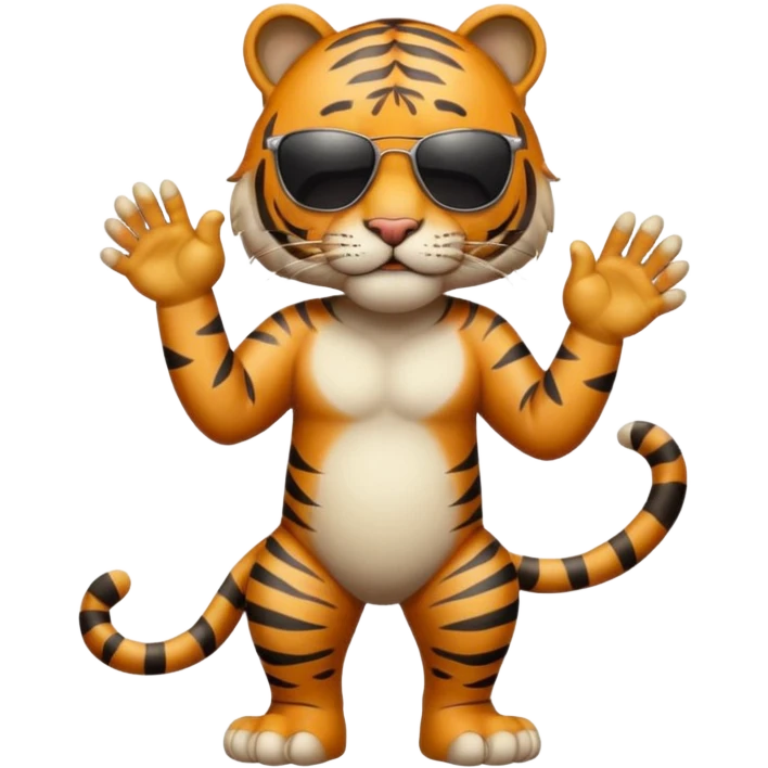 un tigre con gafas oscuras parado en dos patas bravo con la mano en la derecha en la frente emoji