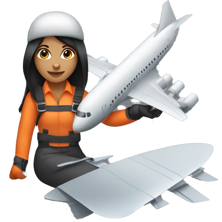 Hispanic girl with black hair & orange gloves working on airplane blade  emoji