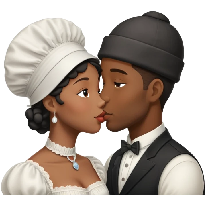 Black couple kissing with the male taller and the female with a bonnet on emoji