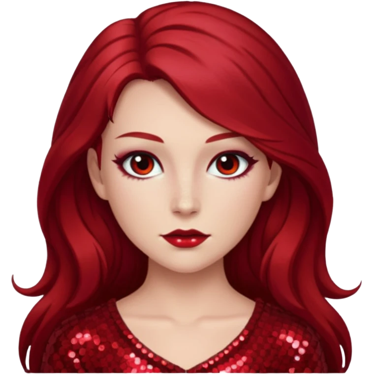 Chappell Roan (b.1998) with long dark red hair, red sequin outfit, makeup emoji