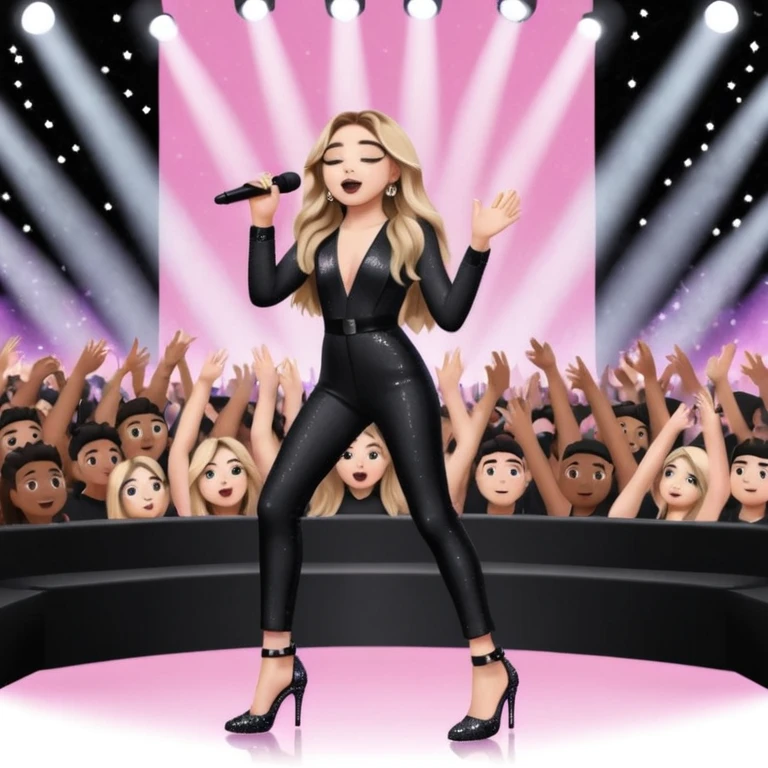 Sabrina carpenter singing at concert wearing a black sparkle jumpsuit and black hyper sparkle heels. There is a huge crowd and light pink stage setting  emoji