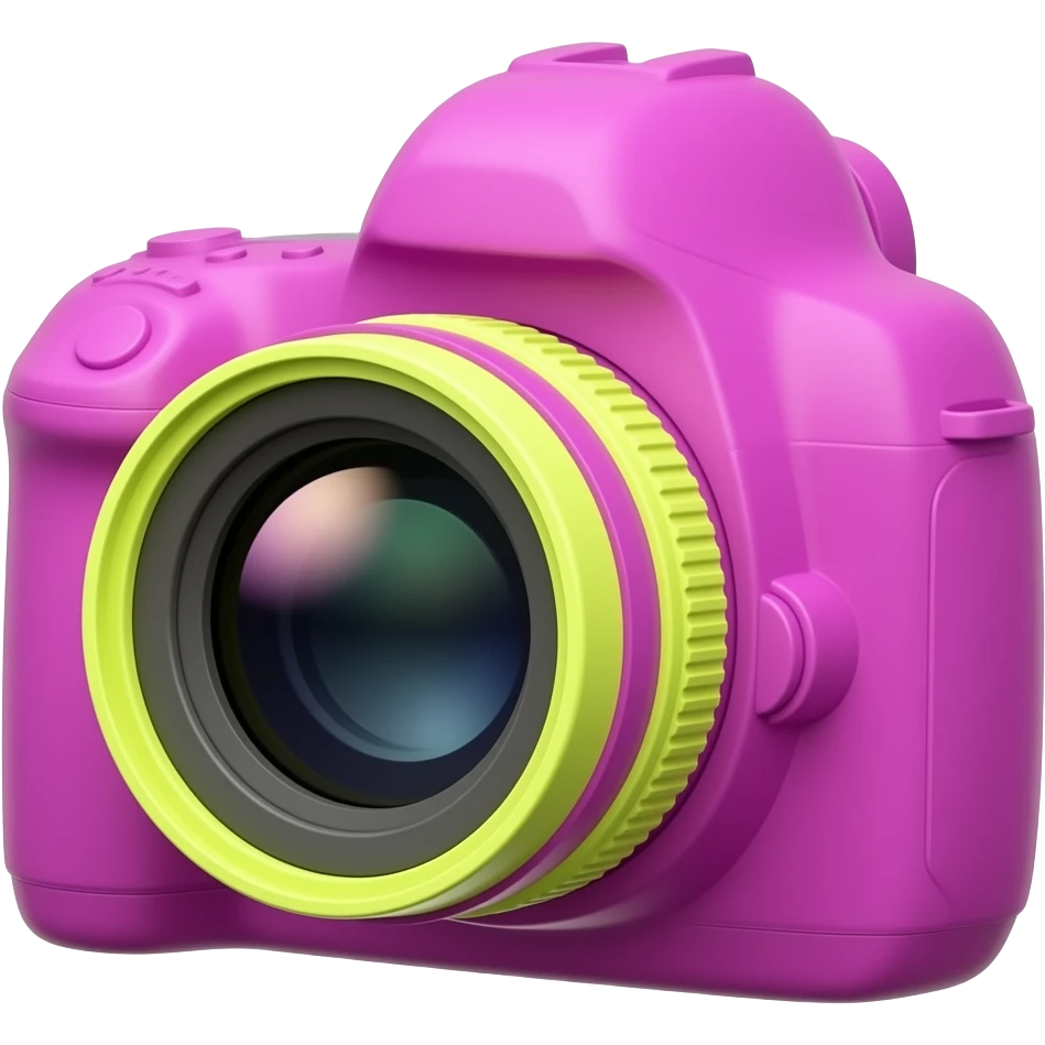 Glossy 3D rendered camera emoji, straight on front-facing view, detailed with distinct lens barrel and film reels, slightly rounded edges, highly saturated deep magenta hot-pink-purple body, vivid neon lemon yellow lens and accents, no muted or pastel tones, soft shading, white background emoji