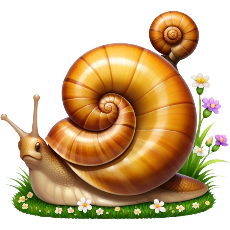 Close-up of large home snails inside a terrarium, showcasing their soft, spiral shells and glistening bodies, with a gentle light highlighting their details. With stones and grass and flowers. Transparent background. emoji