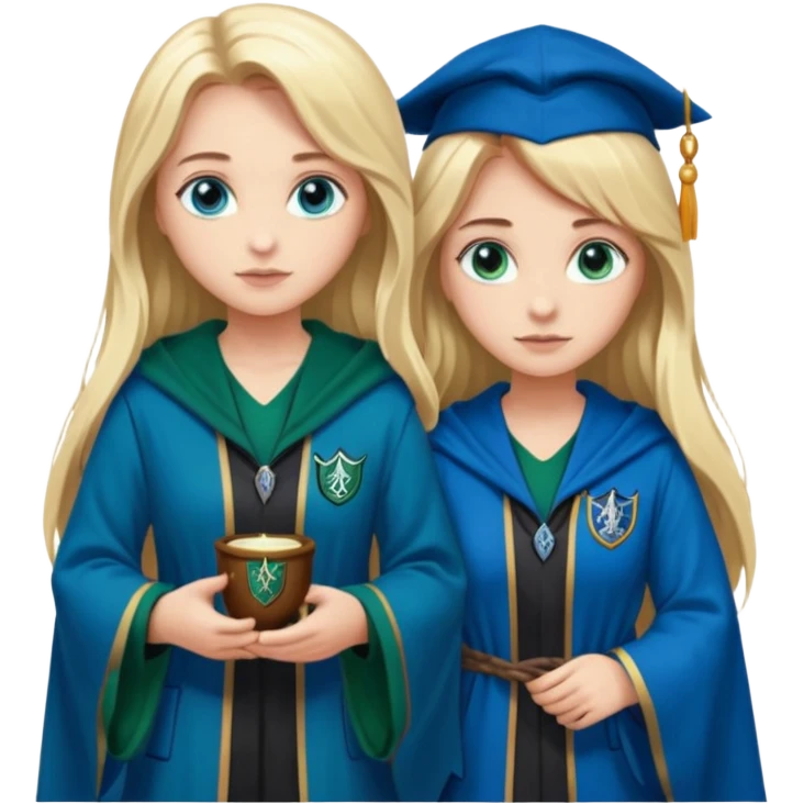 hot Slytherin girl with long blonde hair, blue eyes and big boobs standing with a pretty ravenclaw girl with long brown hair and blue eyes emoji