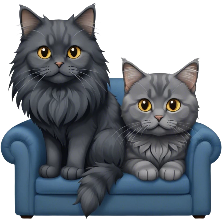 Portrait of a black smoke Maine Coon cat with long grey ear tufts, alongside a British Shorthair cat with a solid blue coat on sofa. Both cats with detailed fur textures and playful expressions. Soft, elegant background of room with warm, natural tones. Transparent background. emoji