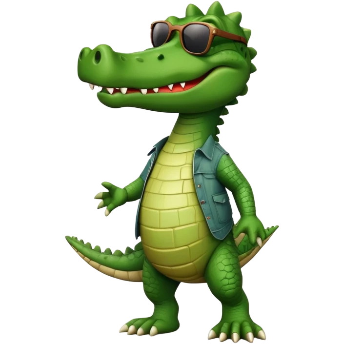 friendly anthropomorphised crocodile in casual clothing, wearing dark sunglasses, walking upright, relaxed pose emoji