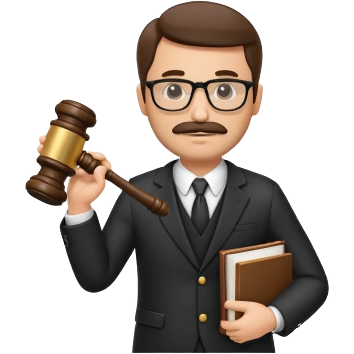 “Create a clean, modern emoji-style illustration of a male lawyer. He is wearing a formal suit jacket. He is holding a judge’s gavel in one hand and has a law book tucked under his arm. He has a mustache and a short beard, and he is wearing glasses. emoji
