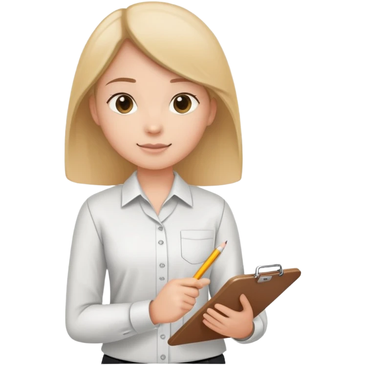 intern or volunteer holding a clipboard and pencil, ready to take notes or assist. The character wears a simple shirt and has an eager posture emoji