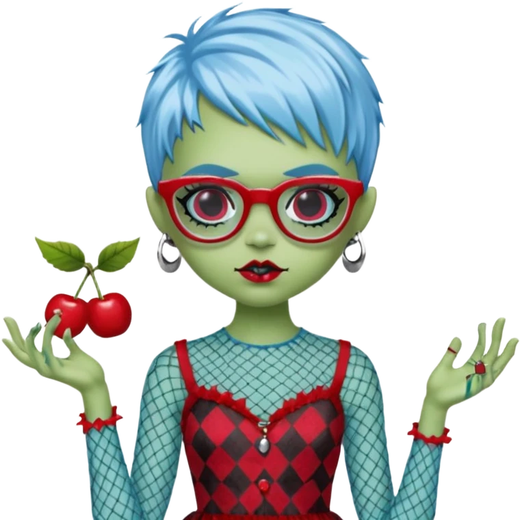 Ghoulia yelps monster high doll in scene/emo style cherry print dress with fishnet sleeves, clothes, thin, small, red, rectangle glasses, pale white-blue skin, pale-green shaggy pixie-cut , zombie scars , boy emoji