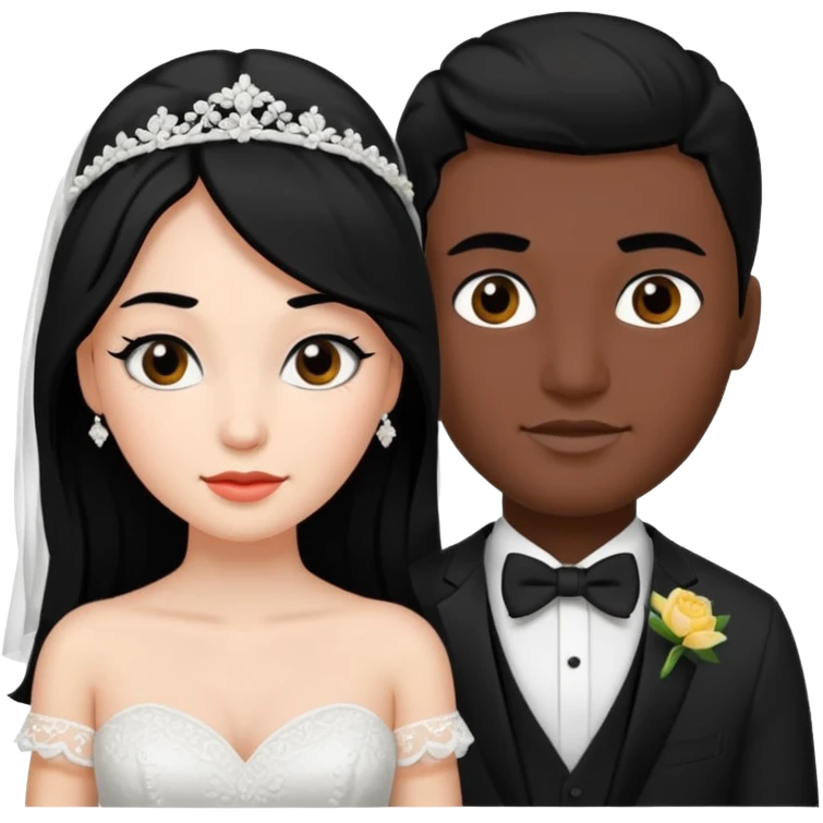 White skin Bride with black hair black eyes and black skin groom with black hair black eyes emoji