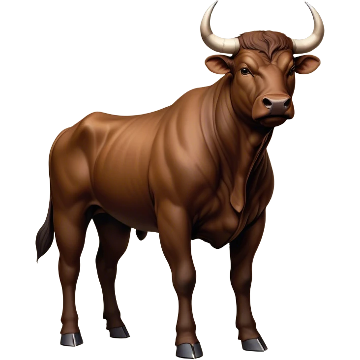 Cinematic Noble Brown Bull Portrait Emoji, Poised and regal, with a massive, muscular build and a sleek, well-groomed rich brown hide, deep-set soulful dark eyes, Simplified yet sharp and sophisticated features, highly detailed, glowing with a soft, dignified glow, high shine, intelligent and formidable, stylized with an air of strength, focused and attentive, soft glowing outline, capturing the essence of a watchful and confident guardian, so majestic it feels as though it could charge out of the screen with effortless authority! emoji