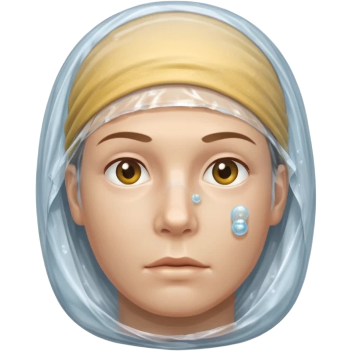 Human head completely wrapped in plastic wrap, air bubbles under surface. emoji